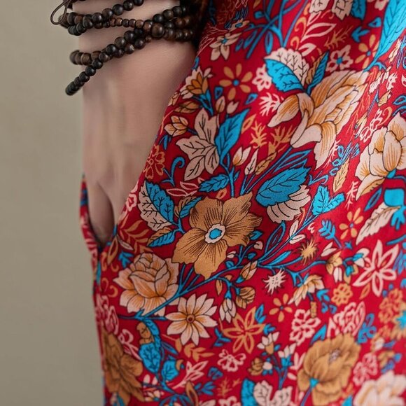 Plus Size Summer Floral Dress V Neck Loose Fit Pockets Casual Max Fashion - Picture 6 of 7